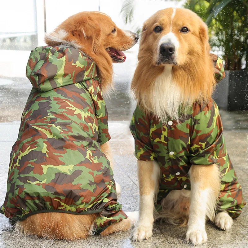 Large Dog Rain Coat with Leash Hole Camouflage Lightweight Rainproof Hoodie Clothes for Golden Retriever Alaskan Malamute Husky