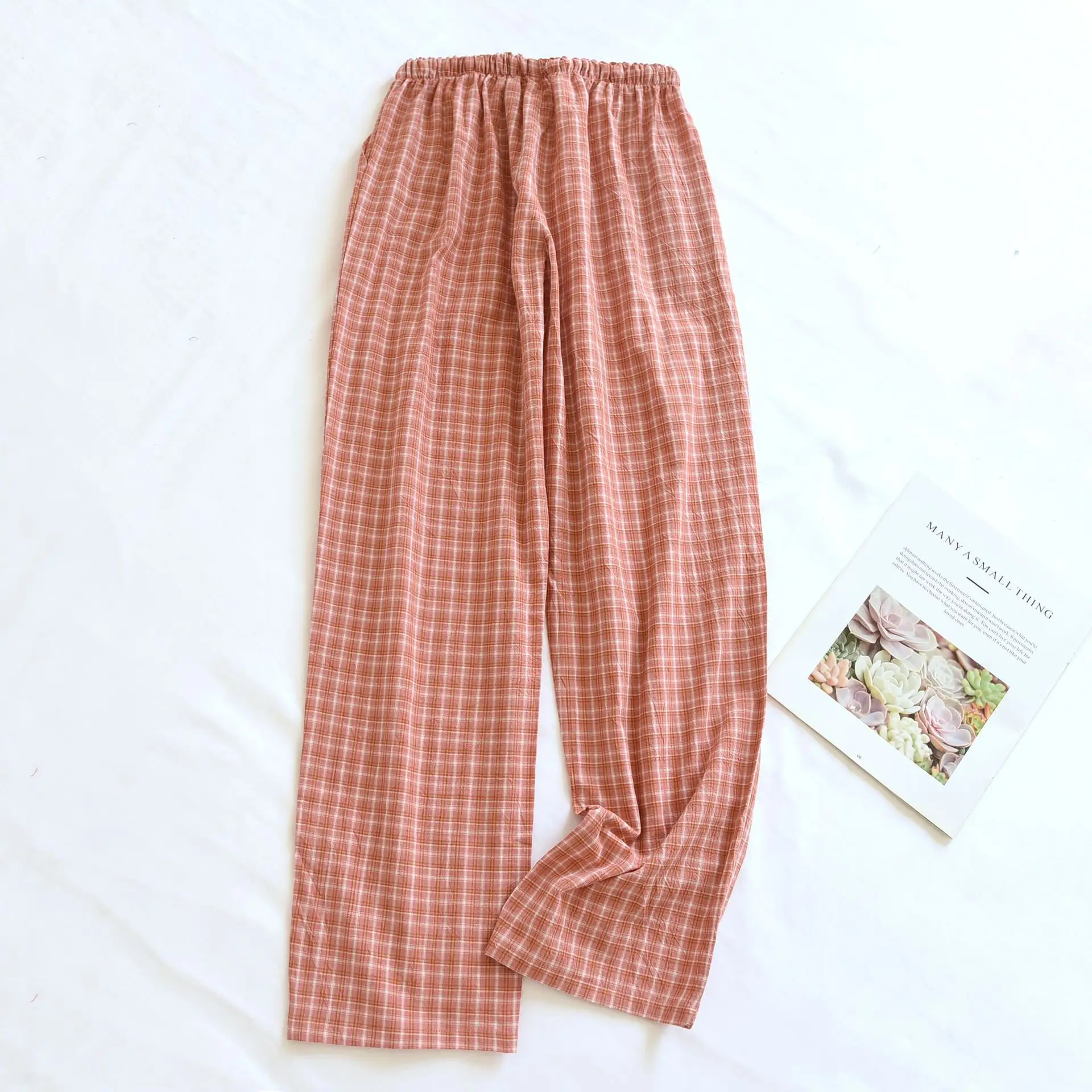 Spring Autumn Women 100% Cotton Yarn Sleep Bottoms Female Nightwear Trousers Casual Plaid Lounge Home Pants Pajama Pants Wommen