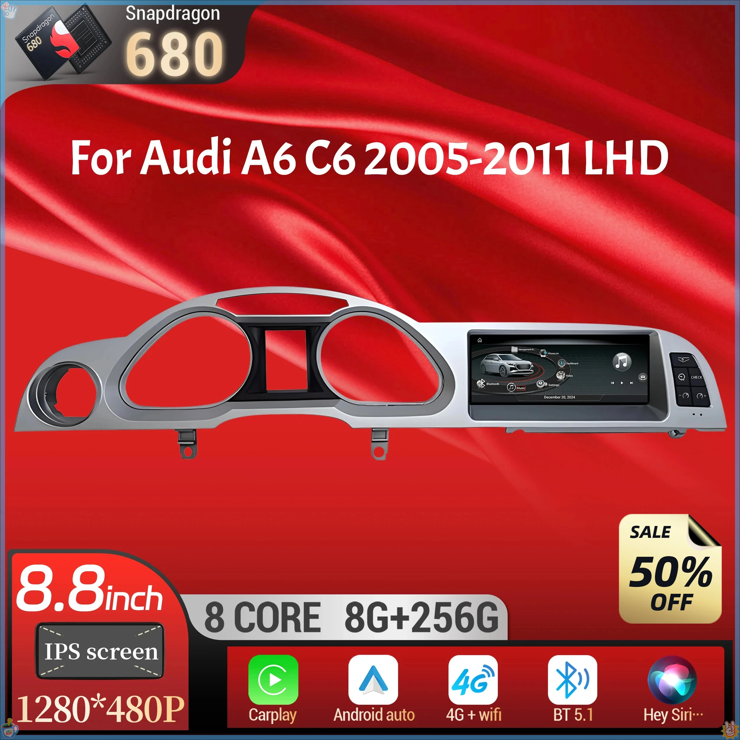 8.8 inch For Audi A6 C6 2005-2011 Left Hand Drive Android 14 Car Radio Wireless BT Carplay Qualcomm Snapdragon 680 Touch Screen