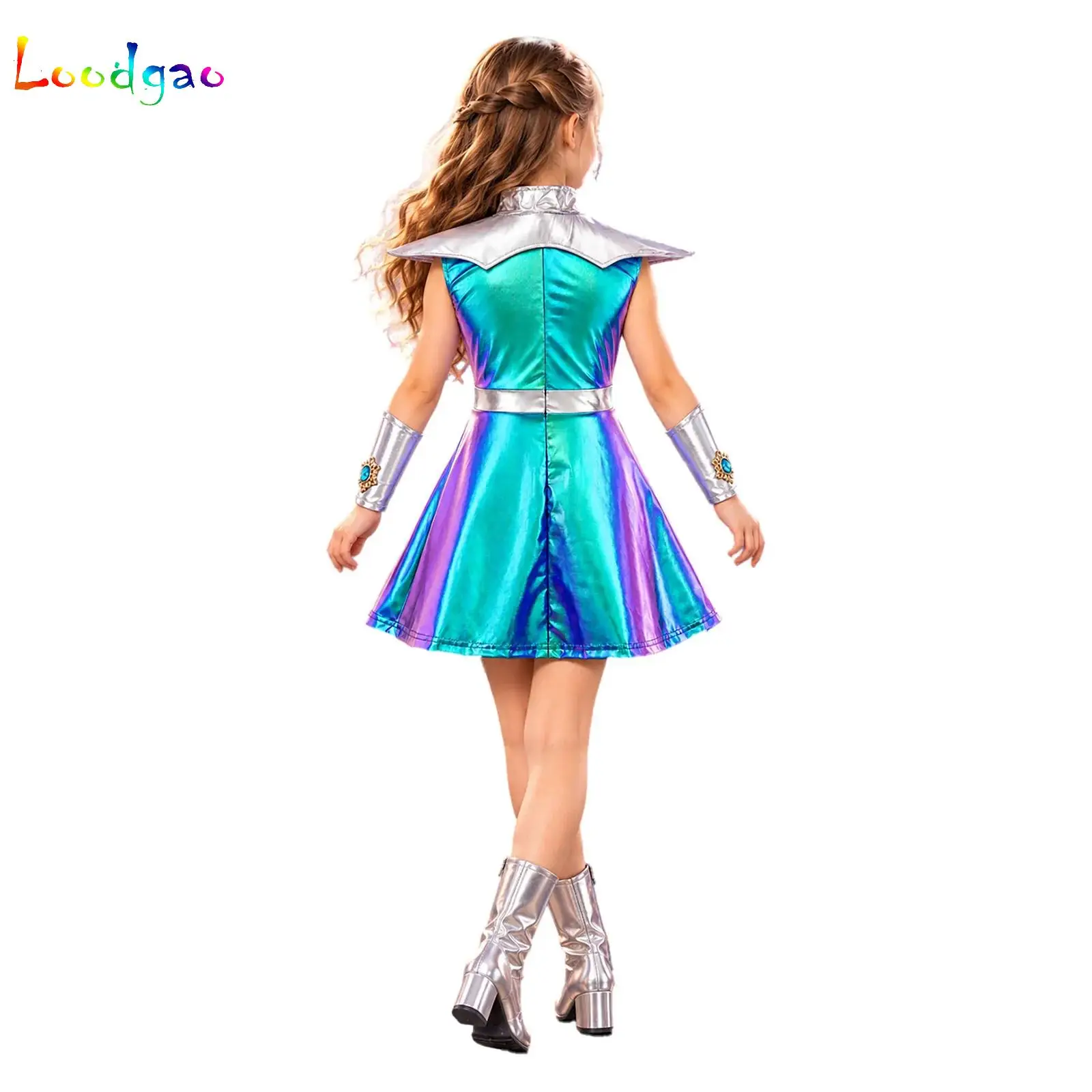 Girls Shiny Alien Outerspace Halloween Costume Sleeveless Metallic Tutu Dance Dress with Antenna Cape Gloves Theme Party Sets