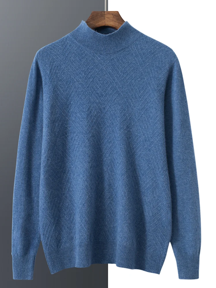 New Men 100% Cashmere Sweater Diamond shaped Fold line Mock Neck Pullover Autumn Winter Cashmere Knitwear Smart Casual Clothing