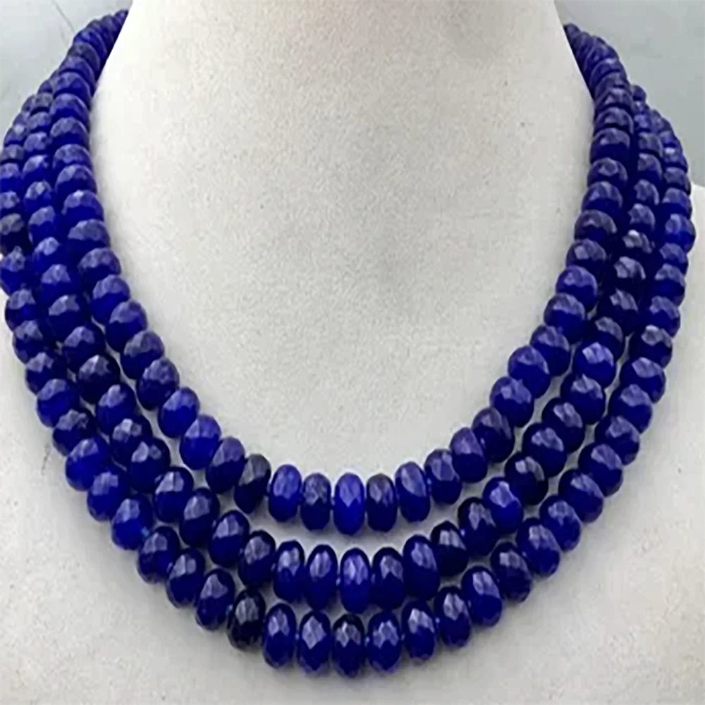 

New Huge 5x8mm NATURAL Blue sapphire FACETED BEADS NECKLACE 3 Row 17-19''