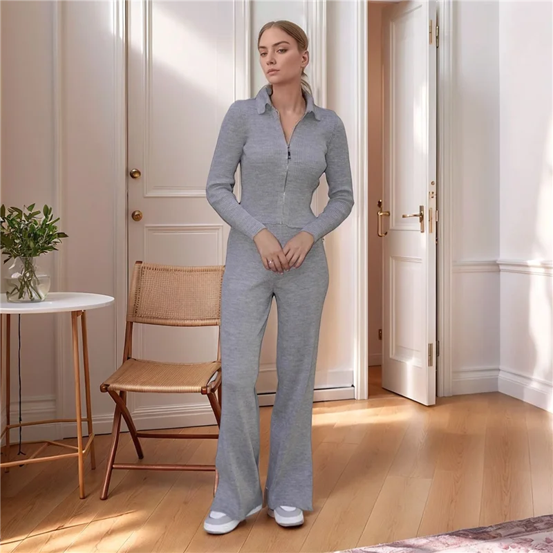 CYL-Women ツーピース ラウンジウェア 上下セット ワイドレッグ スウェットパンツ ハーフジップ 長袖 Vネック スウェットシャツ