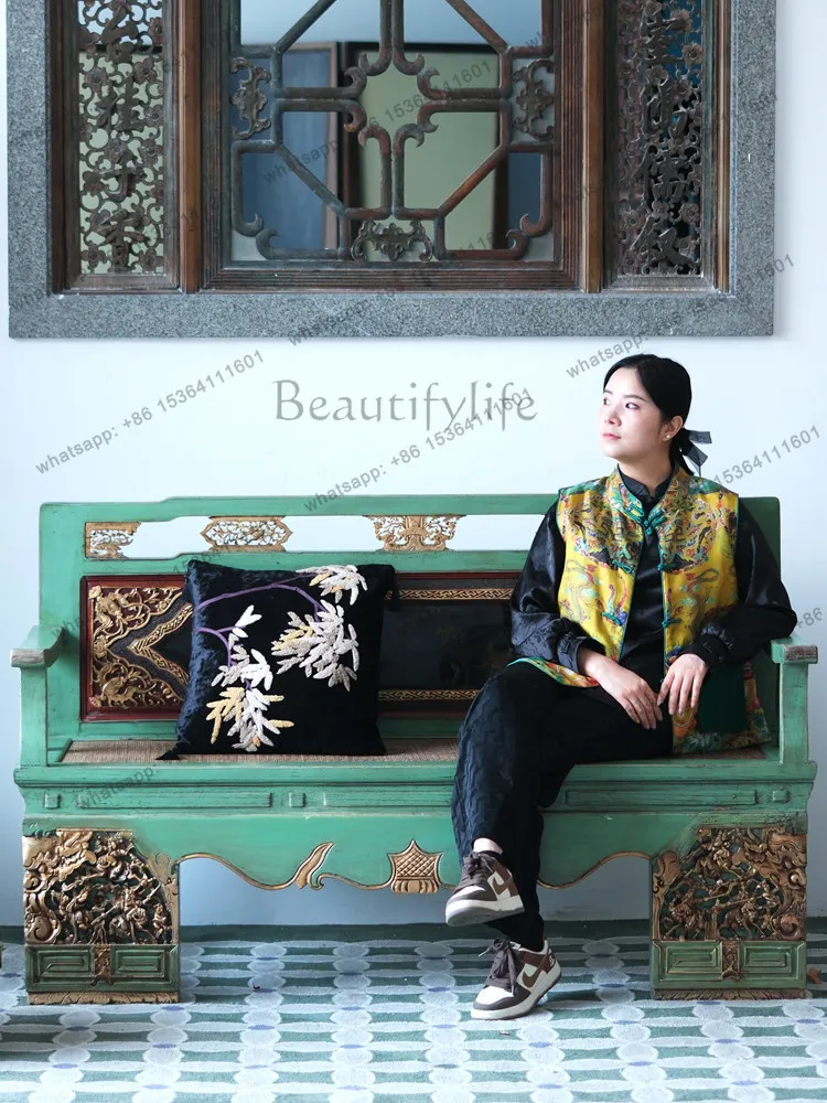 Modern Chinese hand-painted solid wood sofa chair engraved with armrest antique