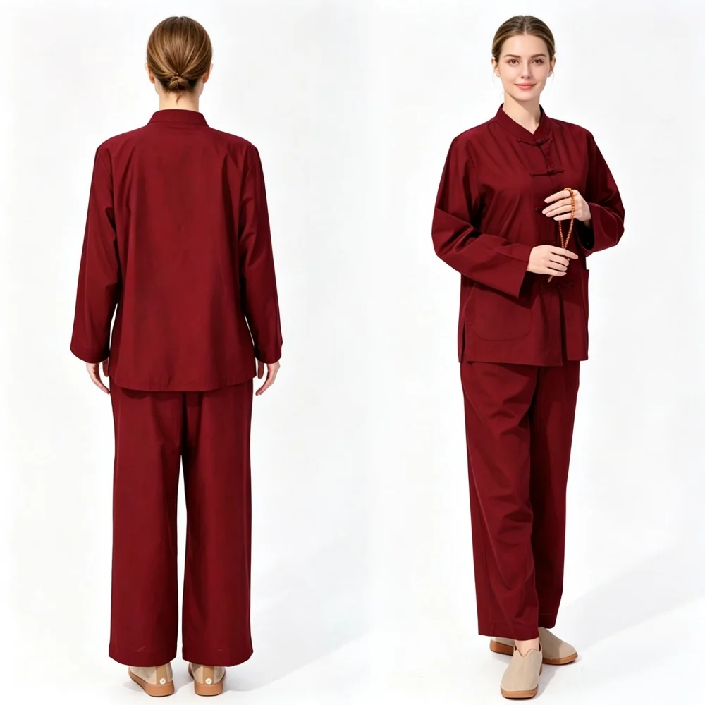 Breathable Cotton Buddhist Lay Uniform Women Zen Meditation Clothes Chinese Frog Button Long Sleeve Top Trousers Set
