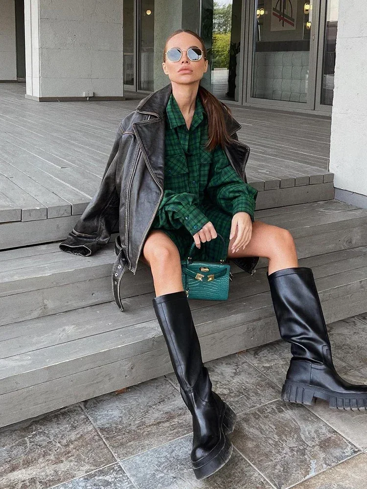 

18 Green Shacket Oversize Shirts Women Dropped Shoulder Street Style Plaid Blouses Double Pockets Casual Loose Top 2023