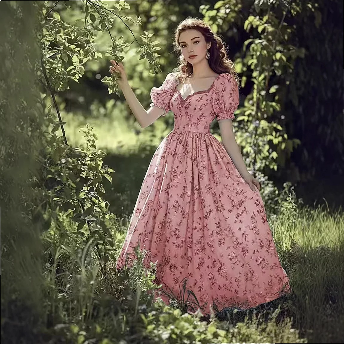 Vintage Floral Print V Neck Bubble Sleeve Dress, Women Summer Dresses, Elegant Floral Dresses for Spring