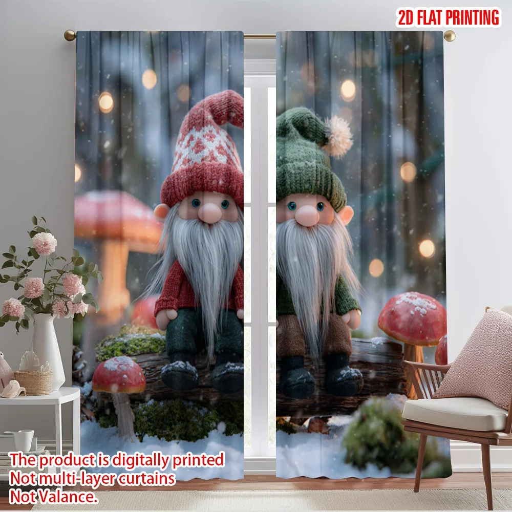 2pcs,2D plane printing Creative Curtains Merry Christmas Red and green hats_ snow scene Polyester Woven (without rod)