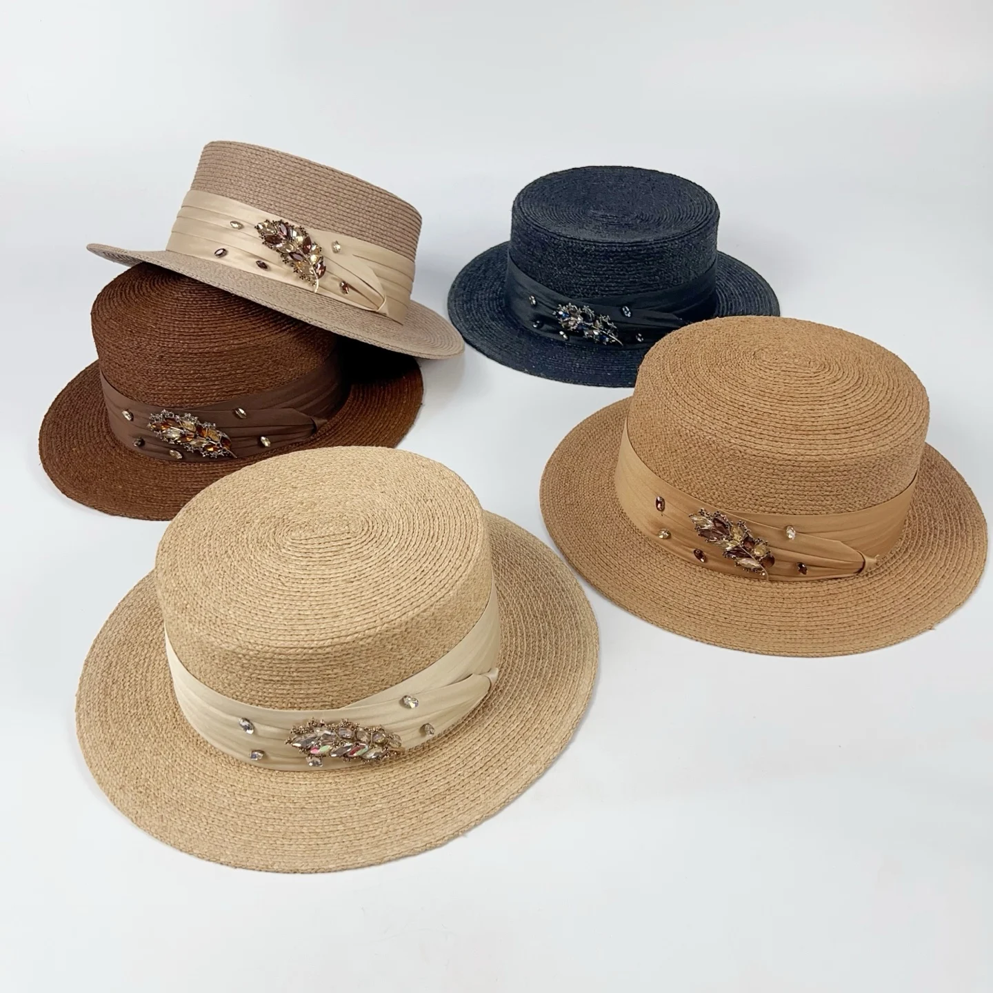 laffite-straw-hat-women's-summer-crystal-decoration-wide-brim-flat-top-casual-holiday-sunscreen-hat-fashionable