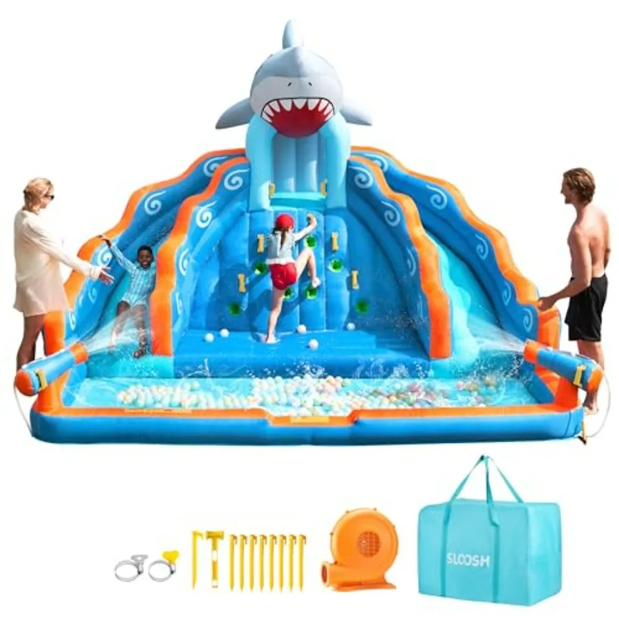 

Inflatable Water Slide Park for:Outdoor Backyard Party Use, PVC Material, Blue and Yellow, 6-in-1 Bounce House with Double Slid