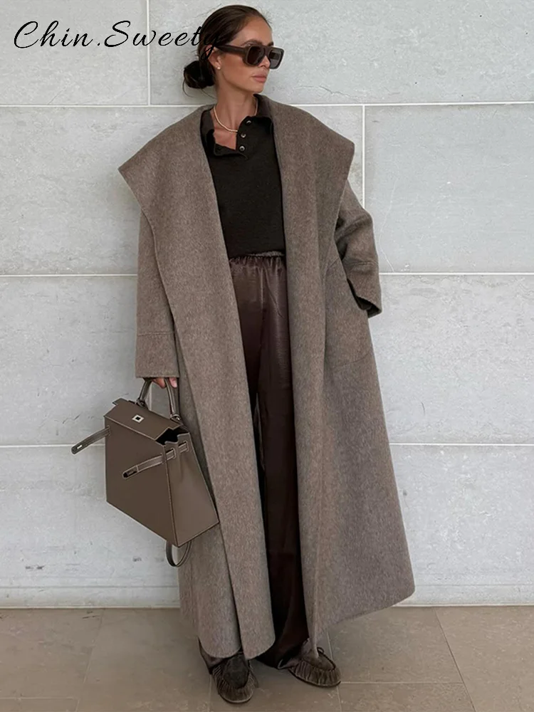 Abrigo de lana elegante con cuello tipo chal y cinturón para mujer, abrigos holgados de manga larga con bolsillos para mujer, prendas de vestir para ir al trabajo para Otoño e Invierno 2025