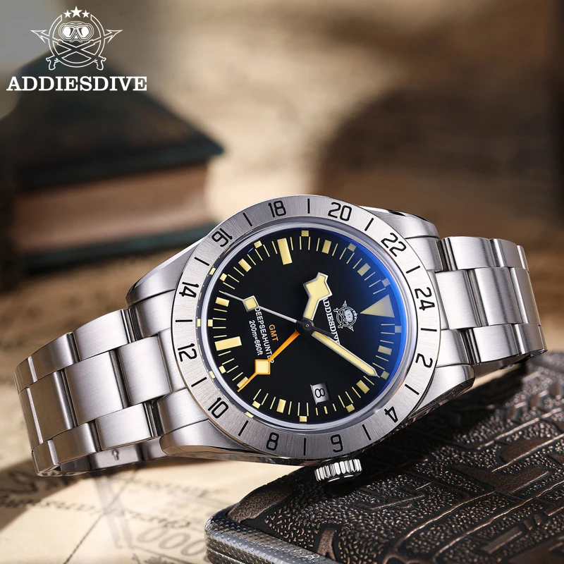 ADDIESDIVE reloj de lujo para hombre, cronógrafo luminoso de acero inoxidable, con espejo de burbujas de cristal, resistente al agua, GMT, 39mm