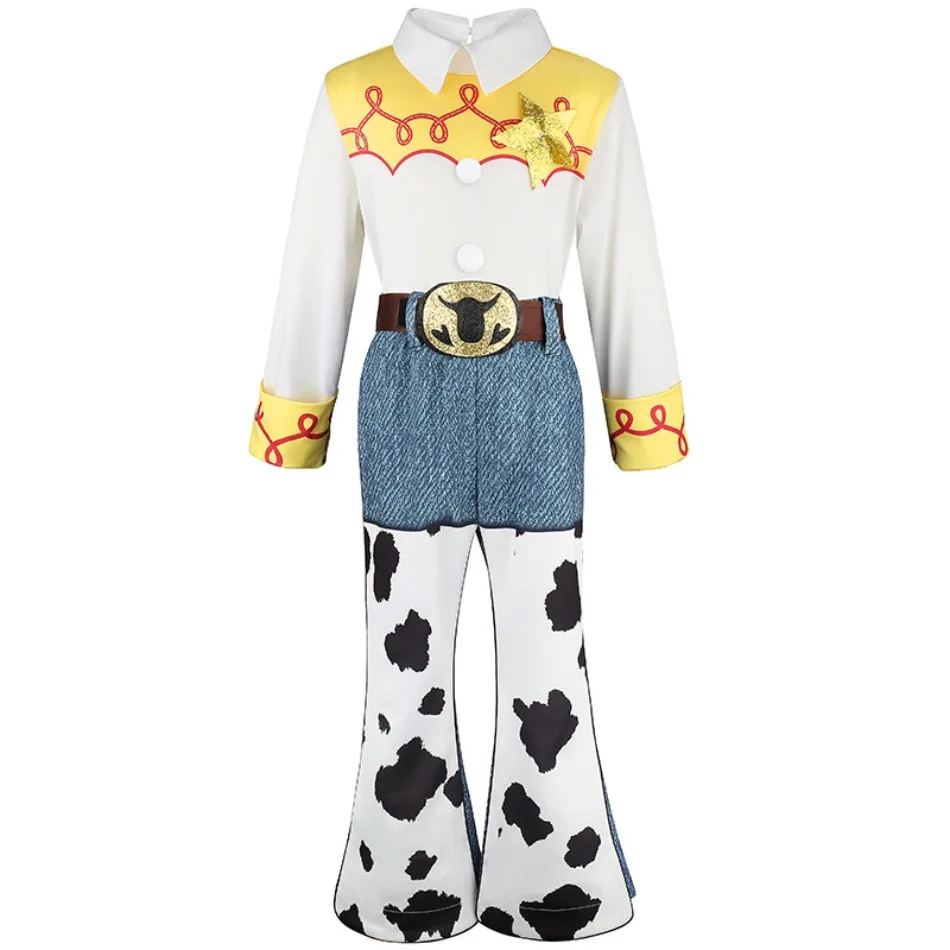 Girls Western Cowgirl Costume Jumpsuit Star Cow Print Flare Pants Kids Halloween Theme Party Role Play Dress Up Outfit TAN06