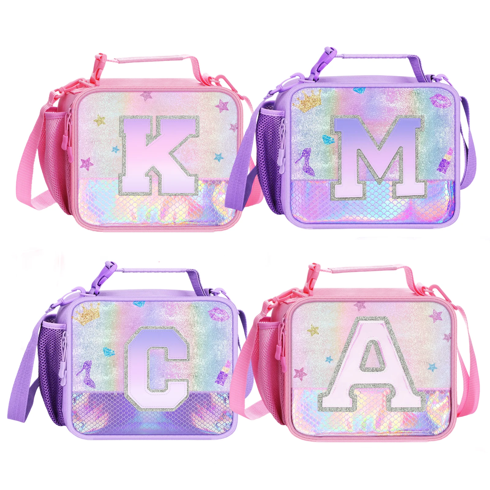 Children's Lunch Bag Waterproof Thermal Food Bag Portable Purple Letter Lunch Bag Set With Box For Students Girls Birthday Gifts