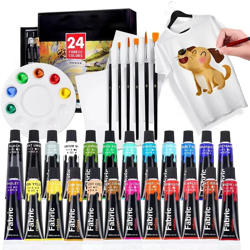 Conjunto de tinta de tecido para roupas, 6 pincéis, 1 paleta, têxtil permanente, kit de pintura inchada para sapatos, lona, 12 cores, 24 cores