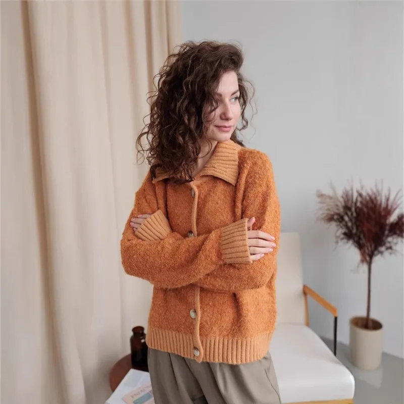 

Lazy Style Loose Sweater for Women Caramel Color Fashion Trend Knitted Top Lapel Design Knitted Cardigan Autumn and Winter Top