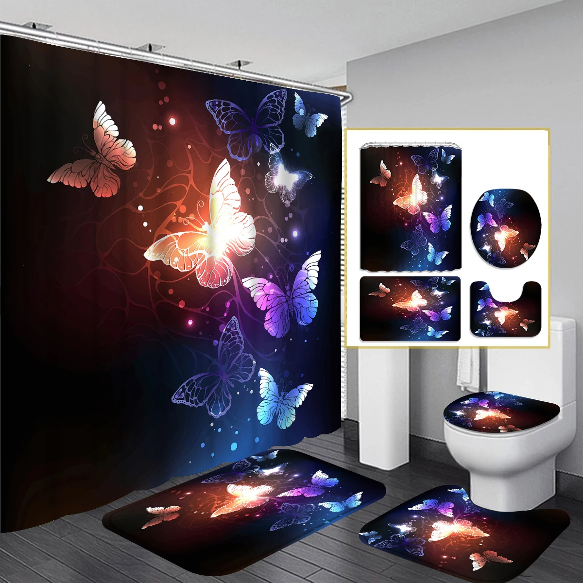 1/4PC Butterfly Halloween Simple Pattern Waterproof Shower Curtain or Waterproof Anti-Slip Shower Curtain Set, 12 Free Hooks