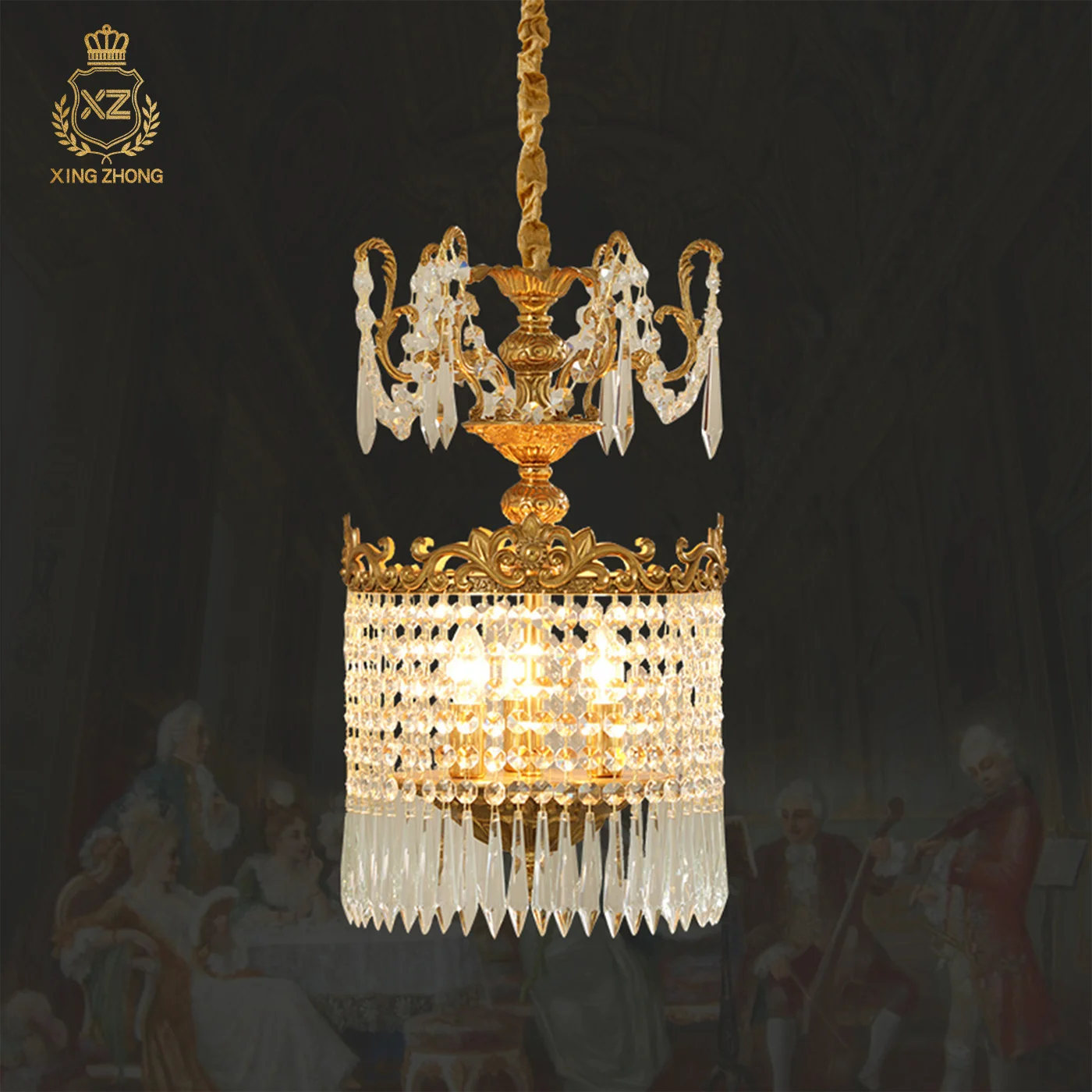 European Rococo Villa Porch Apartment Luxury Crystal Single Pendant Light Loft Stairwell Bedroom Brass Small Pendant Lamp