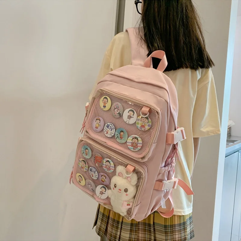 Anime Mochila Transparente para Mulheres, Sacos de escola grandes, bolsos claros bonitos, Pins Display, Bolsa de Estudante Kawaii, Ita Bag, personalizado