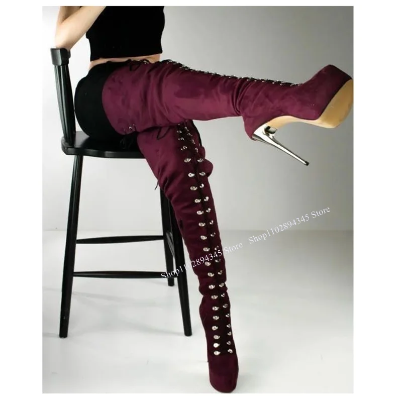 Wine Red Lace Up Platform Boots Thin High Heel Over Knee High Fashionable Sexy Cool Winter Big Size Woman Shoes Zapatillas Mujer