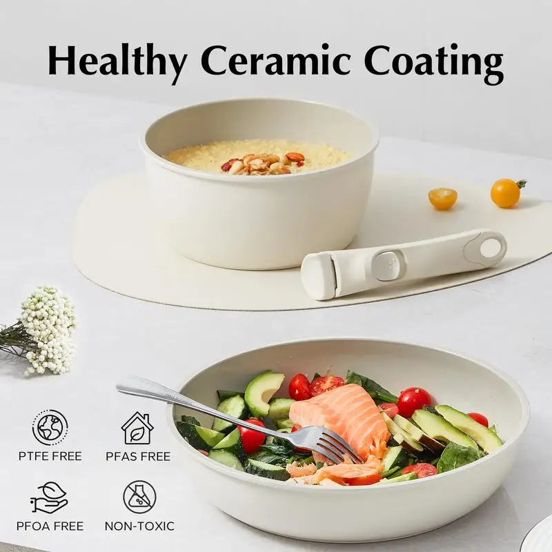 Ceramic coating Pots and Pans Set Non Stick, Removable Handle Pots , PFAS PFOA & PTFE Free, 5 Piece, RV Cookware Set (Cream)