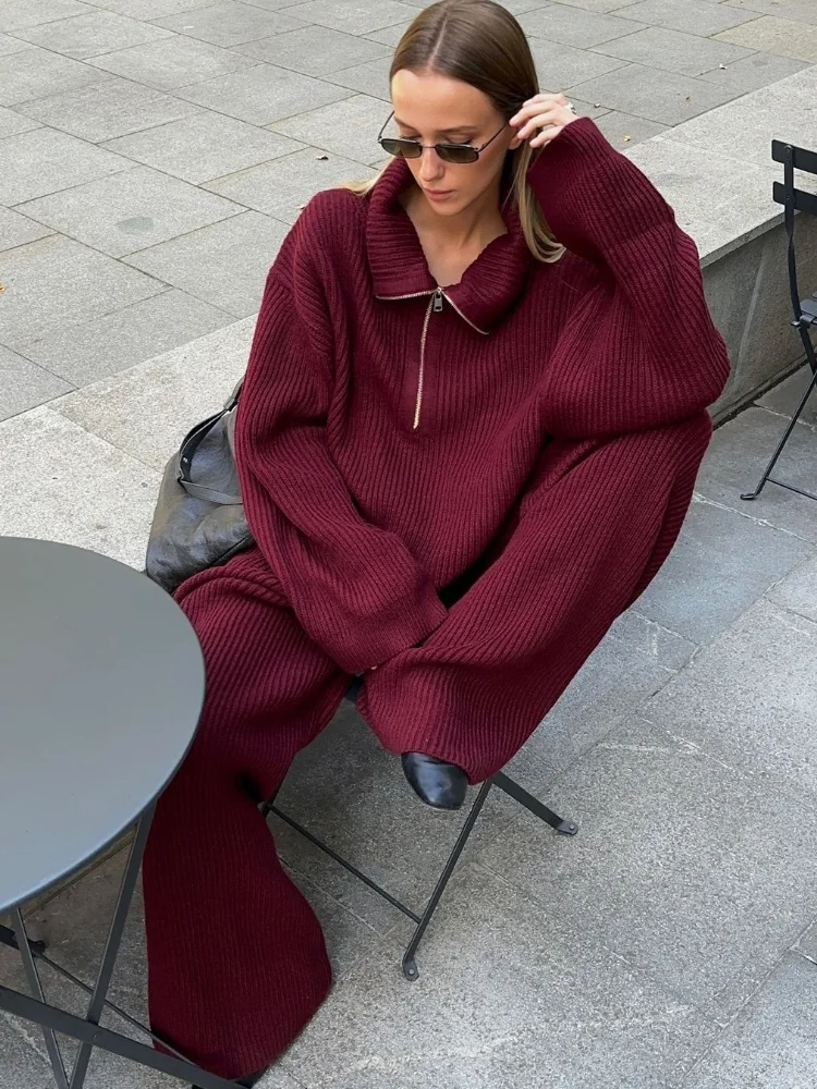 Casual Lapel Zipper Soft Women\'s Pullover Suit Fashion Loose Red Wide Oversized Long Pants Sets 2024 Lady Christmas Streetwears