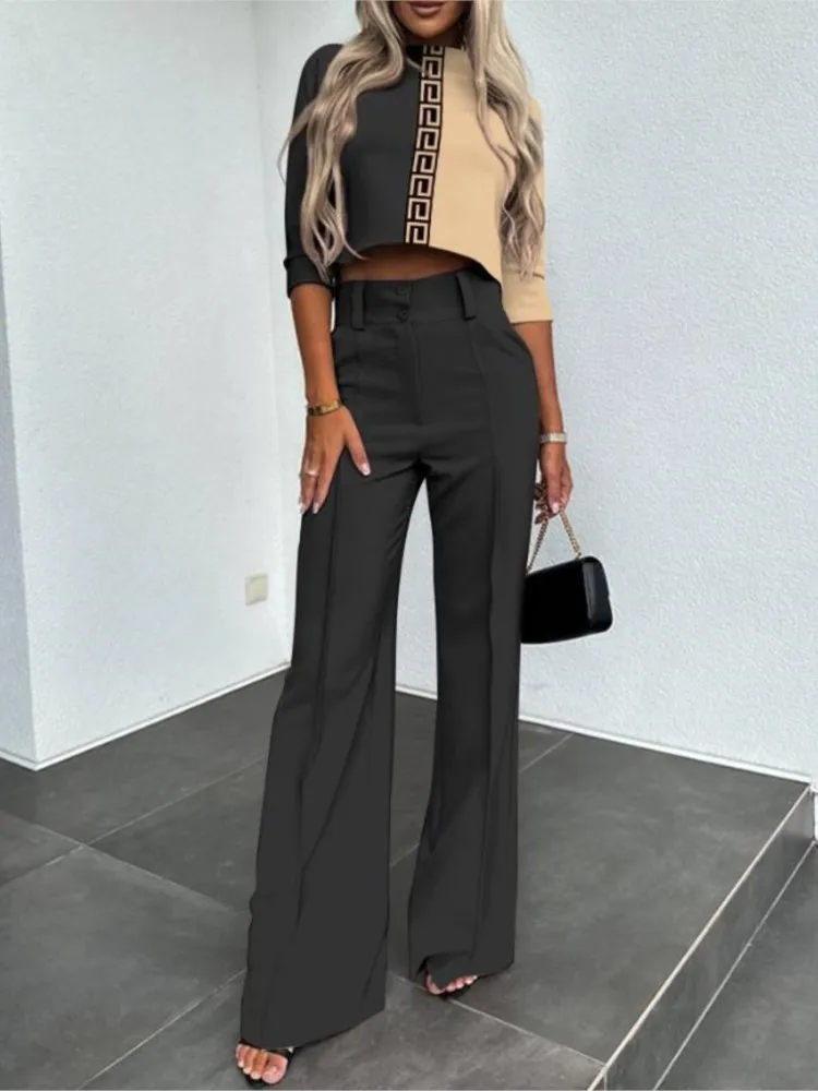 Casual Long Sleeve Shirt Pants Set Office Lady Spring Autumn Fashion Solid O-neck Tops Trousers Two Piece Set Women Outfit 2023