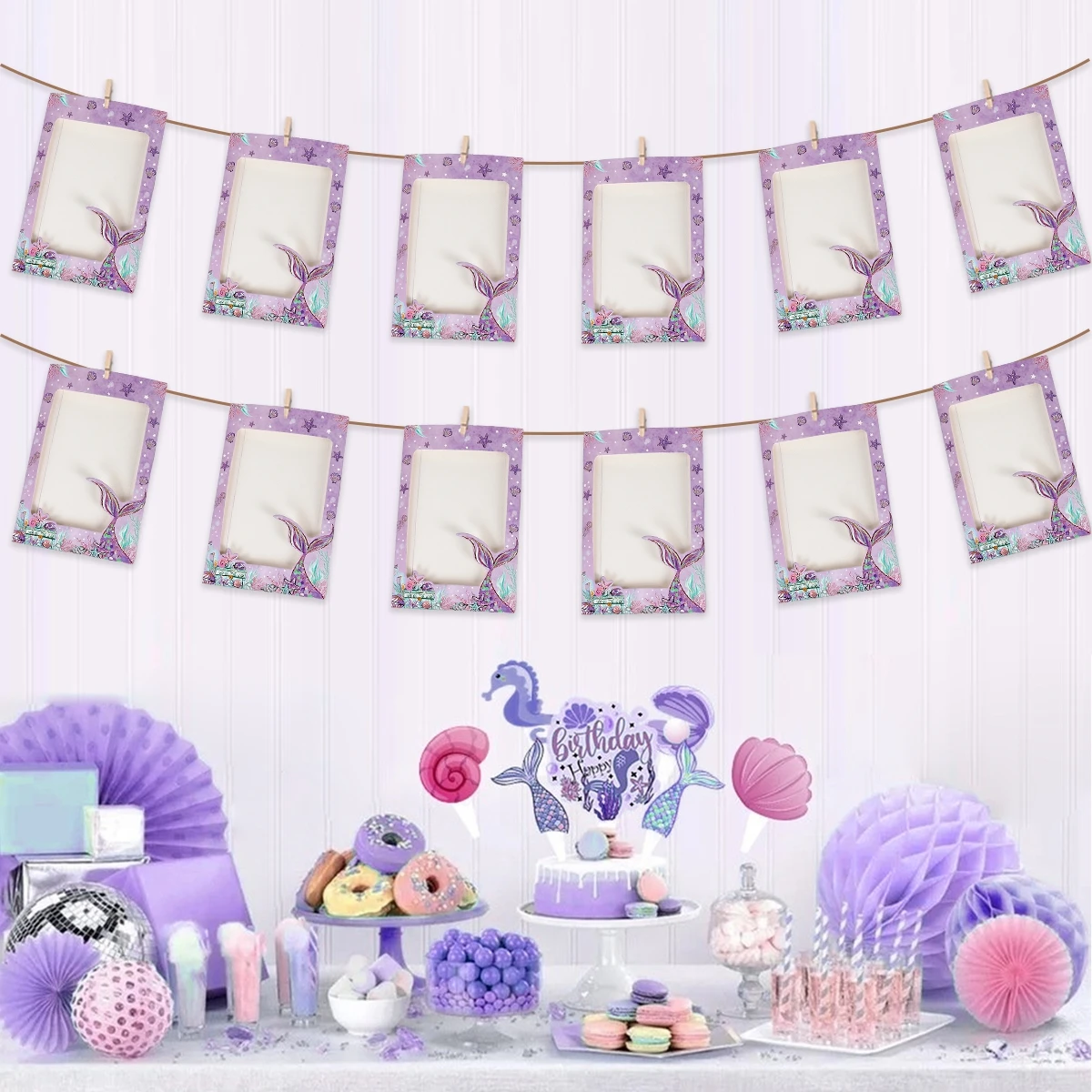 Mermaid Photo Banner Garland 6inch Paper Photo Frame Birthday Banner 1st Baby Girl 1 One Year Mermaid Birthday Party Decoration