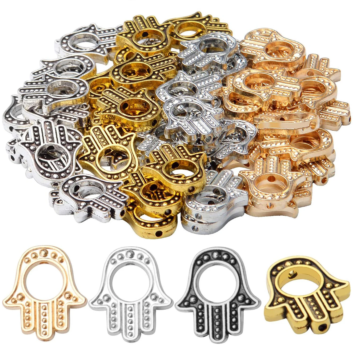 

60pcs Hamsa Hand Beads Frame Tibetan Alloy Hand of Miriam Metal Frame Beads Charms for Jewelry Making DIY Necklace Bracelet