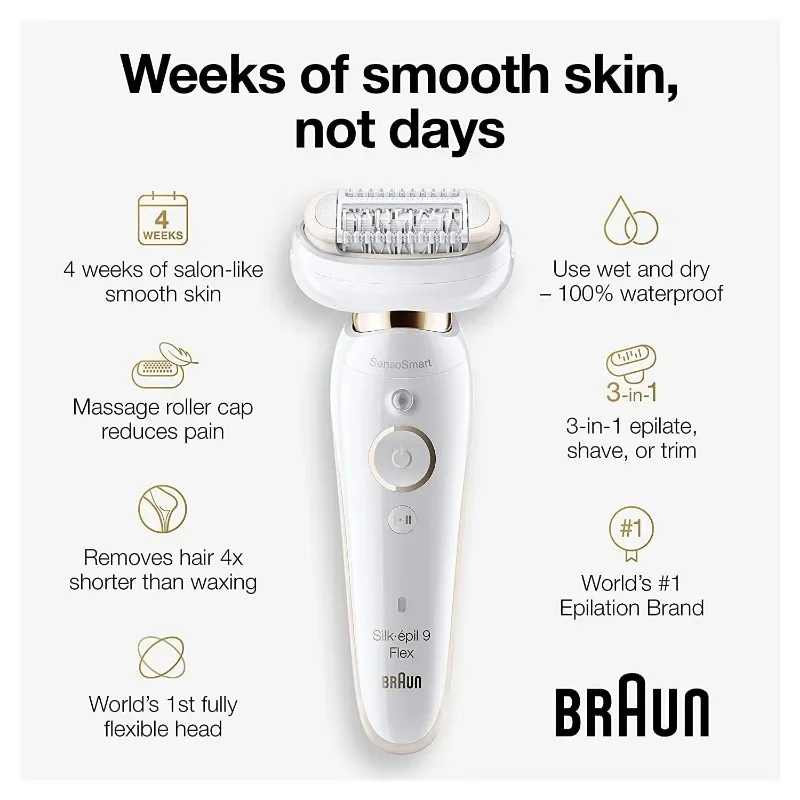 Braun 9-020 Epilator w/ Flexible Head, Facial Hair Removal Device for Women