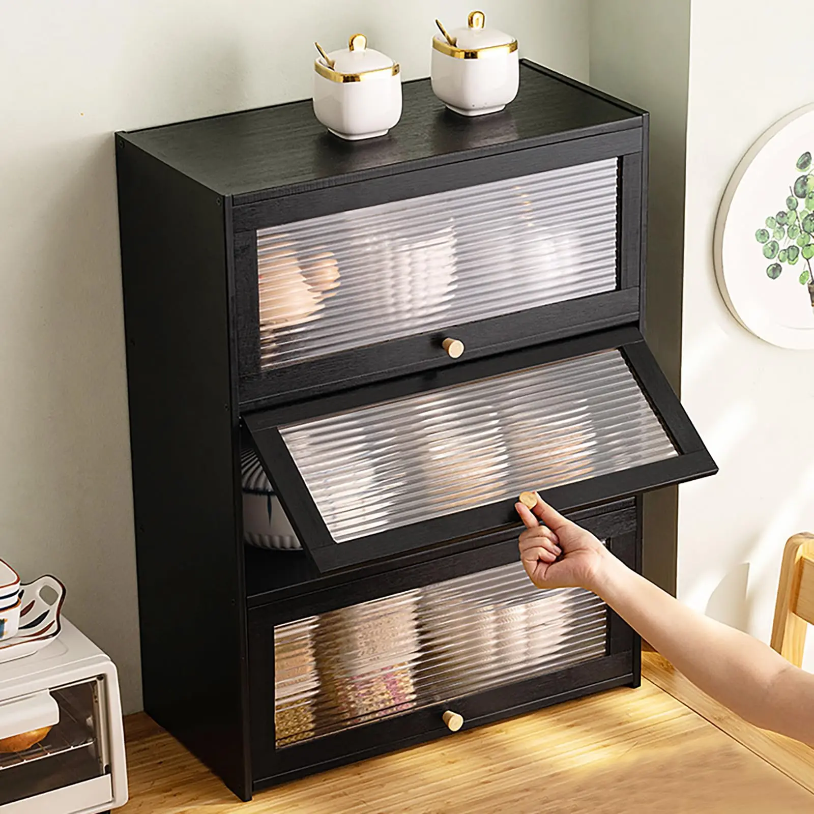 

3 Tier Storage Cabinet, Countertop Bamboo Pantry with Doors Freestanding Sideboard Space-Saving Seasoning Storage Rack Multifunc