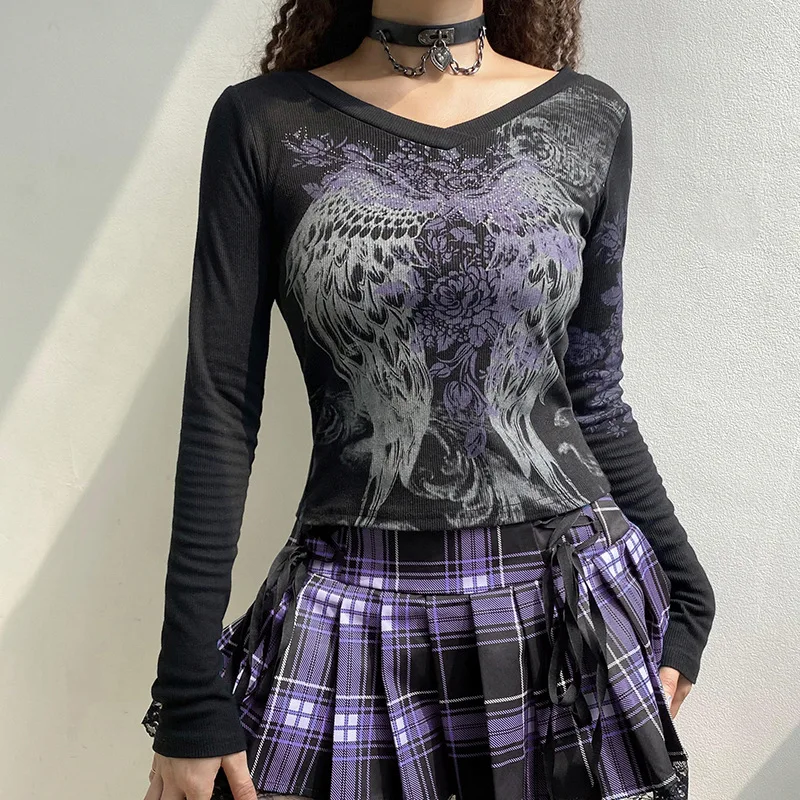 

Retro Goth Pattern Long-sleeved T-shirt High Street Dark Punk Y2k 90s Harajuku O-Neck Loose Tops women Clothes vintage summer