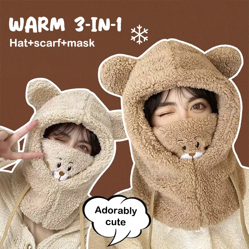 Winter Cartoon Hat With Mask Bear Lamb Beanie Hats Warm Thickened Ear Protection Beanies For Women Girl Scarf Hat