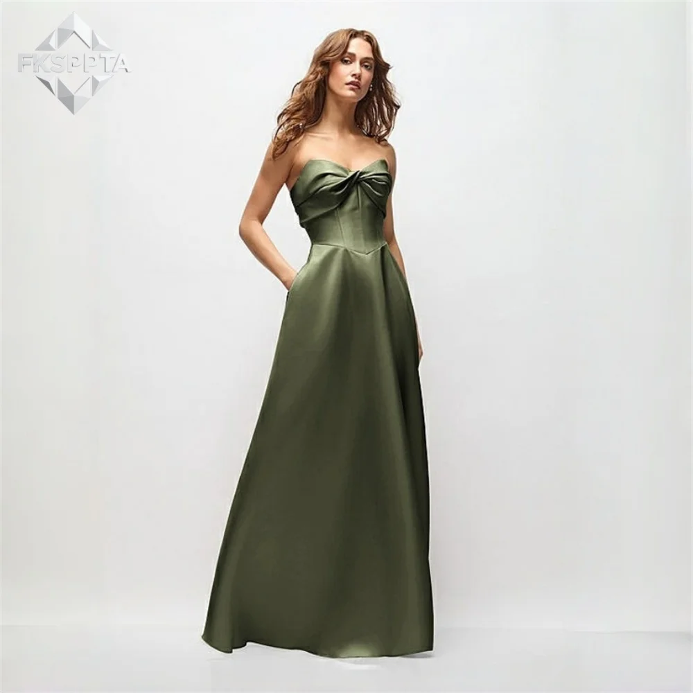 Sexy Olive Green Long Backless Evening Dress A Line Floor Length Pockets Satin Wedding Party Attire Maxi Women Prom Gowns