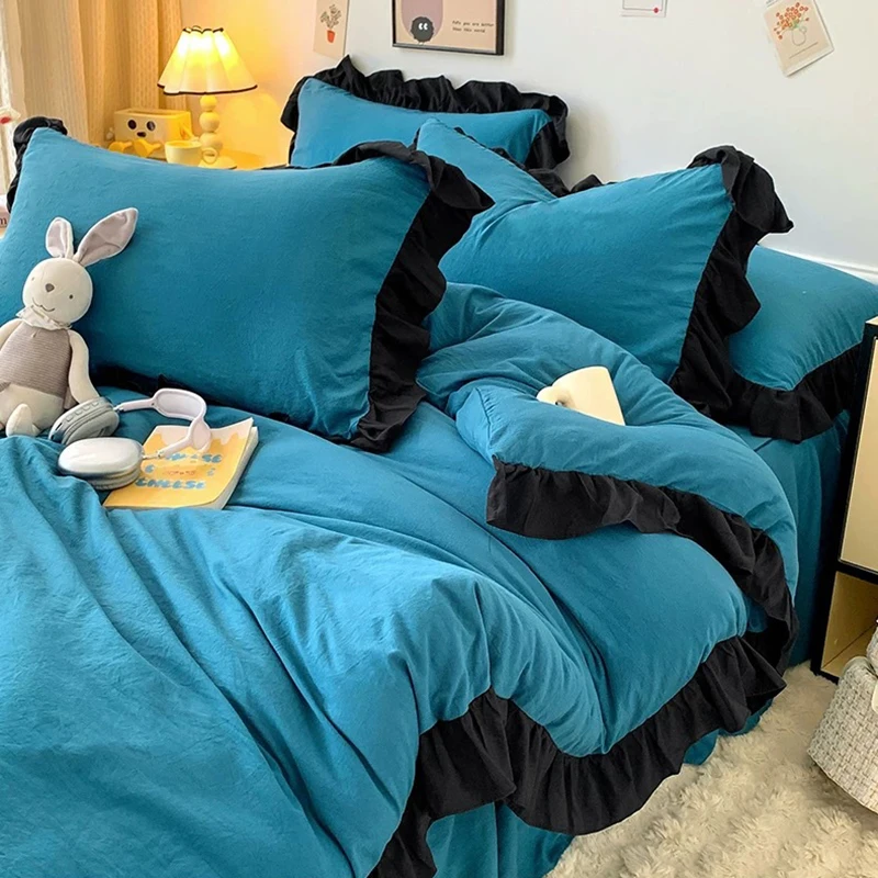 3Pcs Korean Solid Color Lace Quilt Cover Set Double Queen Size Skin-Friendly Duvet Cover Kit Soft Bedding for Dormitory Bedroom