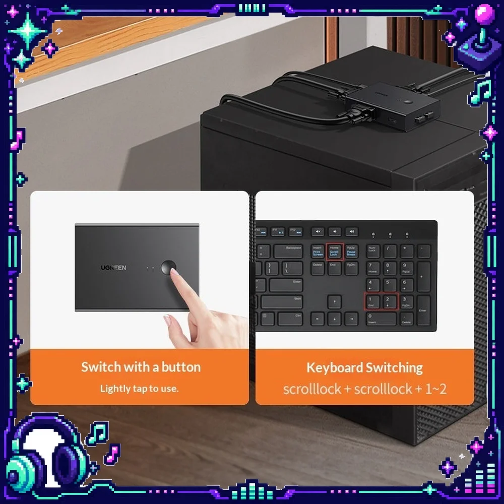 UGREEN CM572 KVM Switch VGA 2 in 1 Out Hotkey Selector for 2 PC Monitor Keyboard Mouse Printer