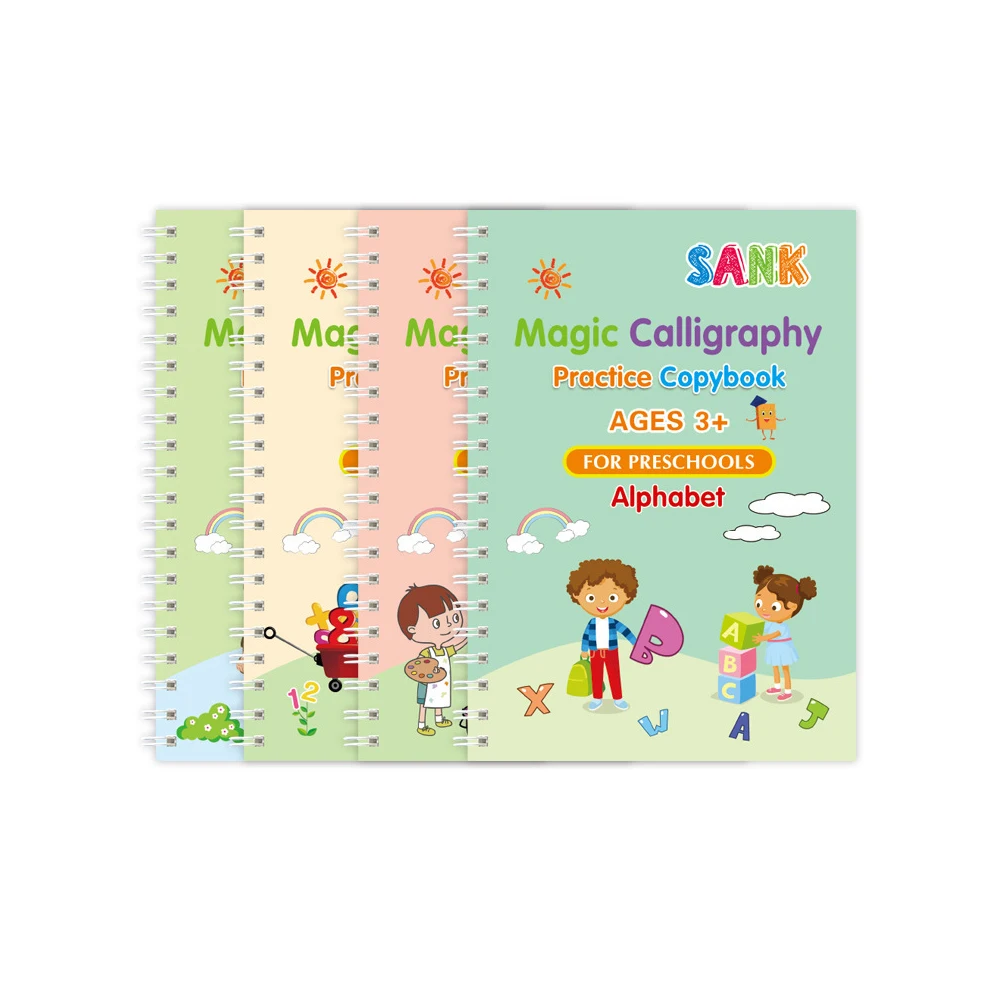 4PCS Sank Magic Practice Copybook Pen Preschools Kids Calligraphy English Verison Free Wiping Children Reusable Writing Book