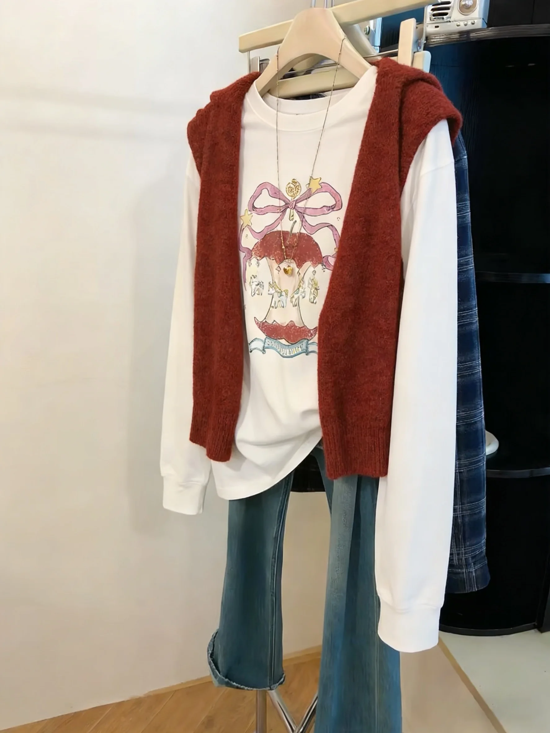 

Print Long Sve T-irt Women's Spring Autumn Loose Casual Slimming Top Creative Design Casual Sle Universal Fit