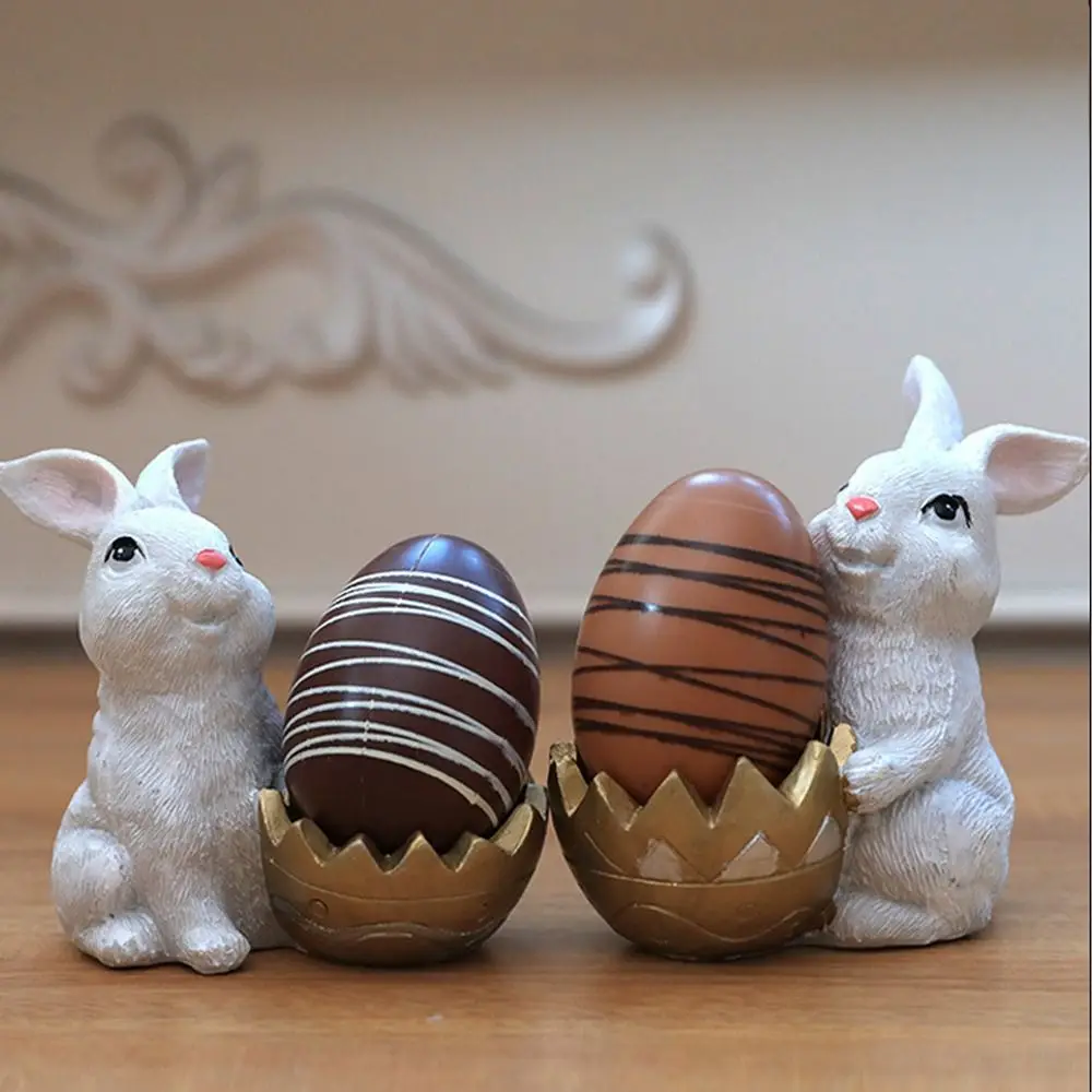 2pcs Crafts Resin Easter Eggshell Rabbit Figurine Cute Handicraft Bunny Statue Simulated Creative Rabbit Model Bonsai