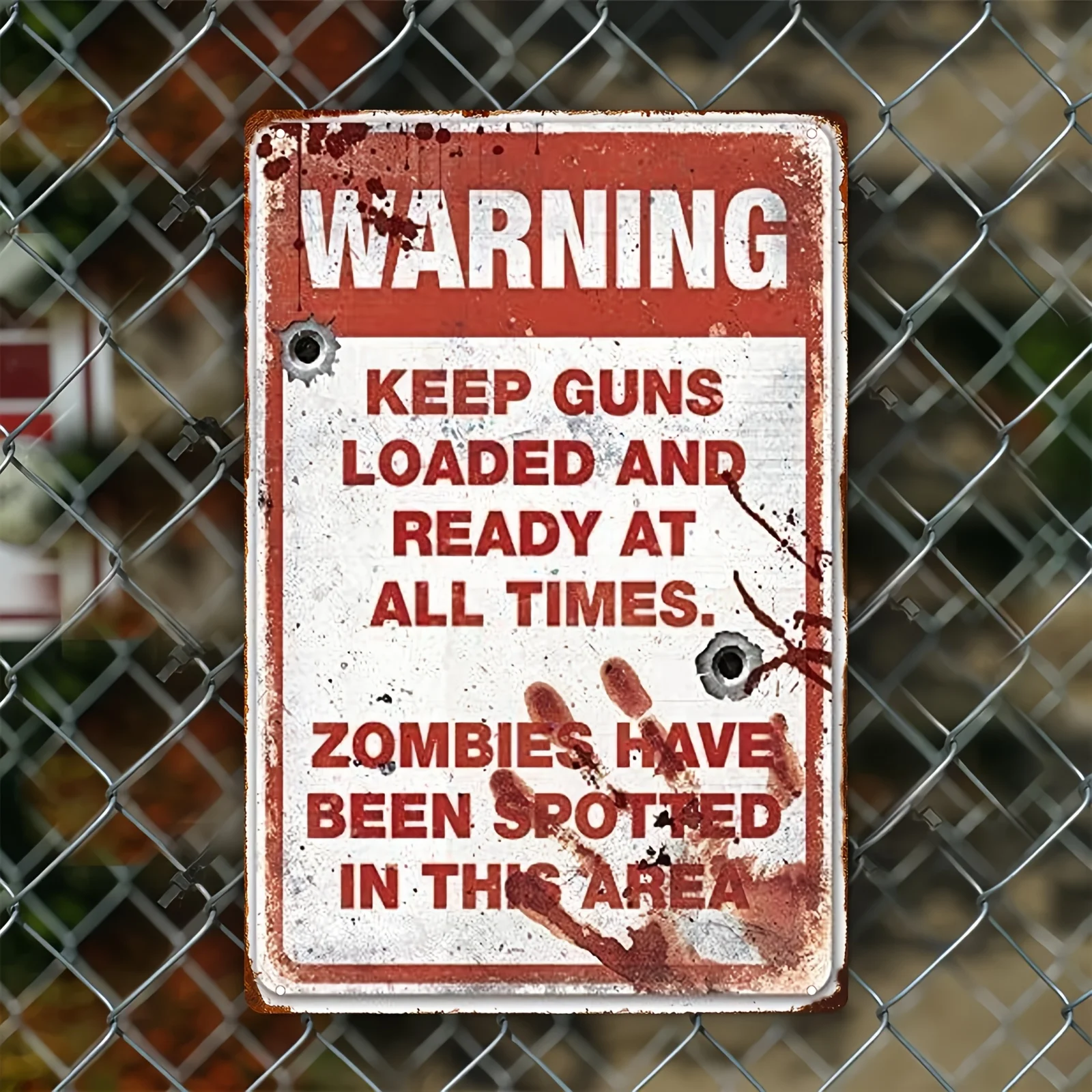 Vintage Zombie Warning Tin Sign - Unframed Metal Wall Decor with Keep Guns Loaded and Ready at All Times Message, Walking Dea