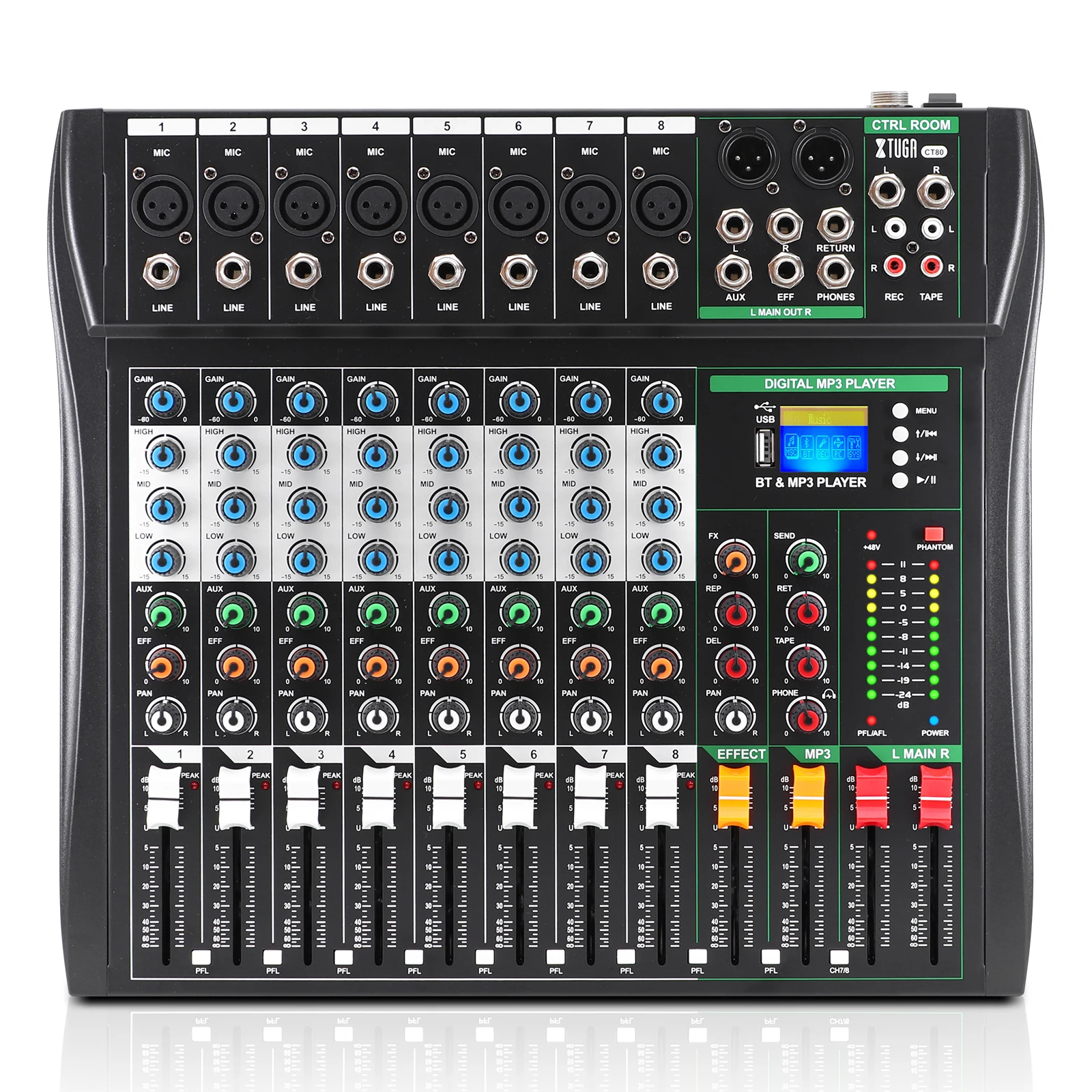 XTUGA CT6/8 Professional 6/8-Channel Audio Console Mixer Professional DJ Controller with Built-in 48V Phantom Power MP3/BT/USB