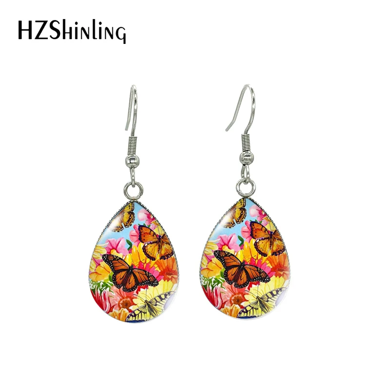 2023 New Arrival Fashion Painting Butterfly Love Flowers Handcraft Glass Cabochon Tear Drop Dangle Earrings