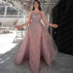 Customized Dubai Luxury Pink Tulle Formal Wedding Evening Dresses For Woman Sleeveless Detachable Train Party Gown 2022 Custom B