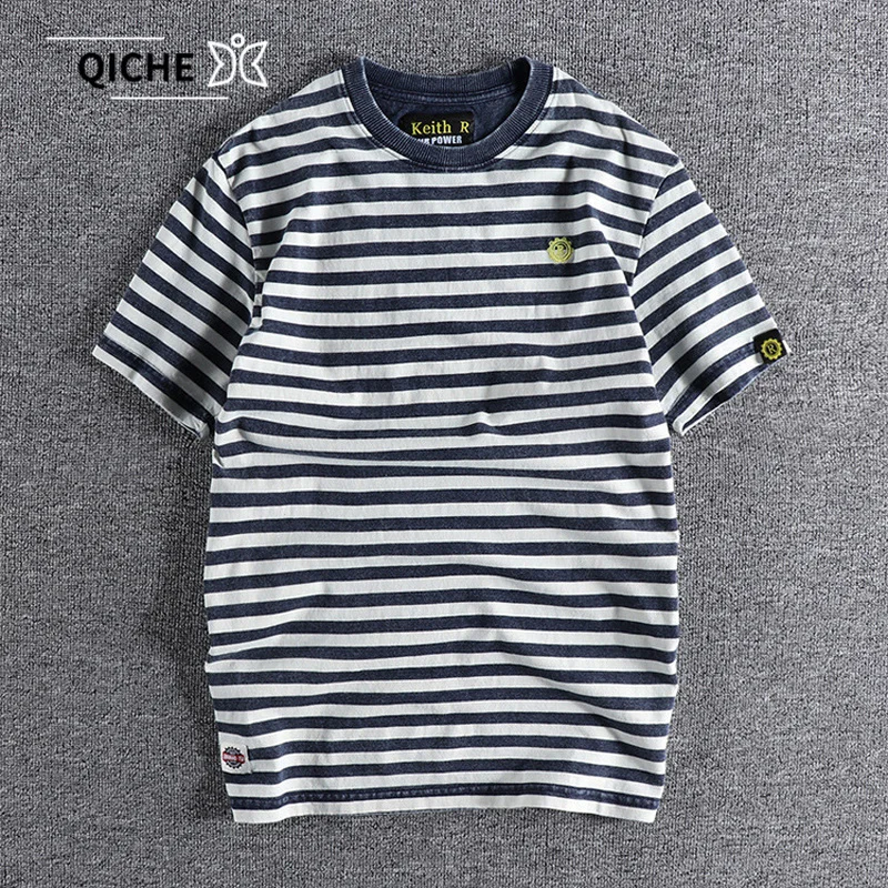 QICHE Men British Vintage Contrast Collar Short Sleeve T-shirt Washed Striped Pure Cotton Crew Neck Summer Casual Top