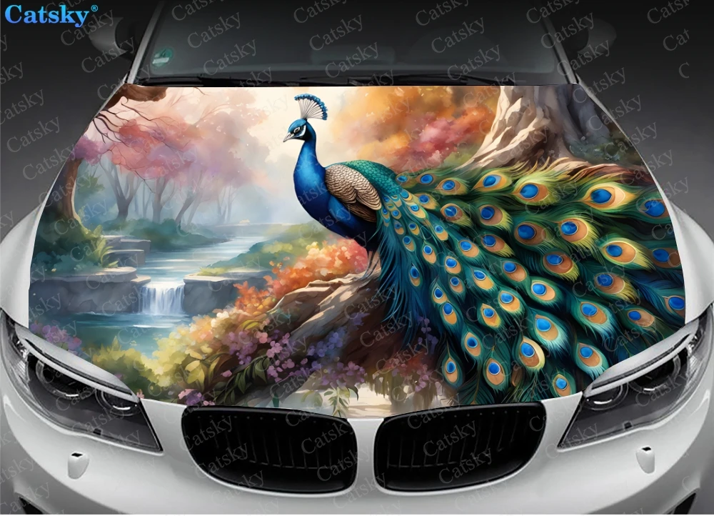 Peacock Watercolor Painting Car Hood Vinyl Stickers Wrap Film Engine Cover Decal Sticker Universal Car Hood Protective Film