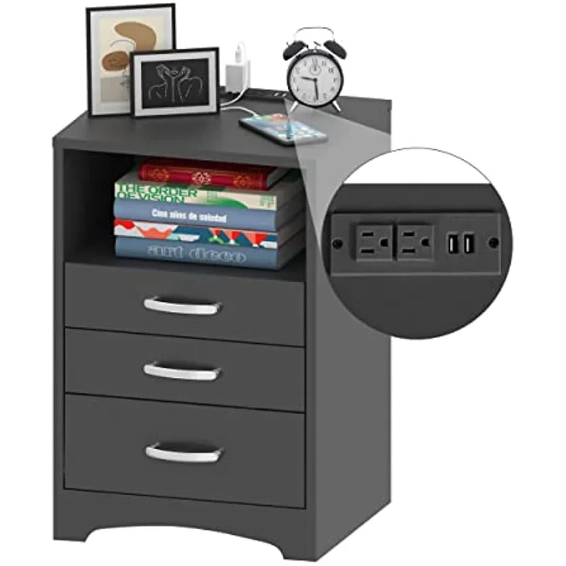 

3 Drawer Black Nightstand with Charging Station Side Table with Open Bedside End Table Storage Cabinet for Bedroom