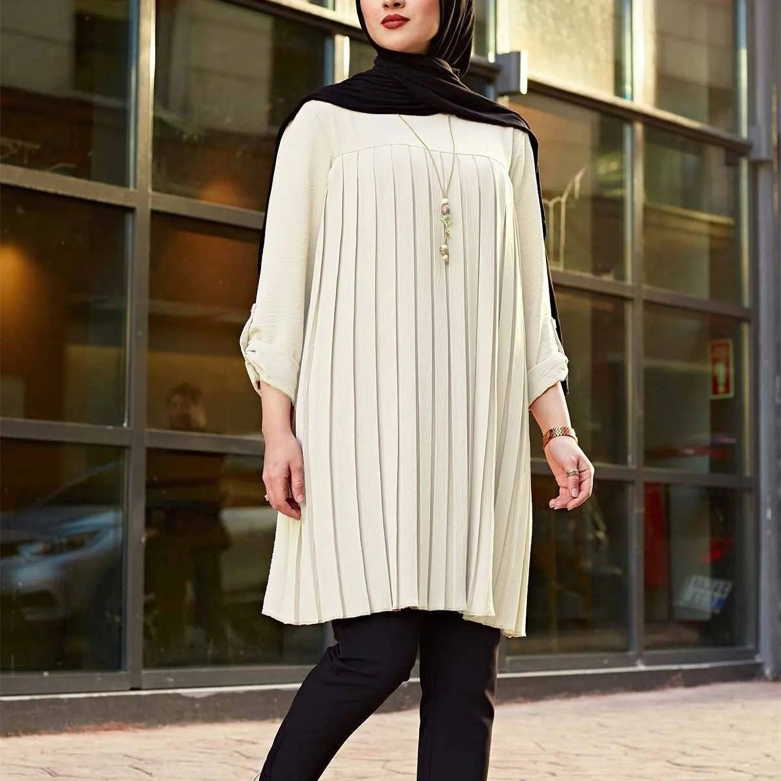 Women\'s Summer Muslim Dress Temperament Casual Solid Long Sleeved Button Ruffles Hem Dress Islam Dubai Arab Female Maxi Robe