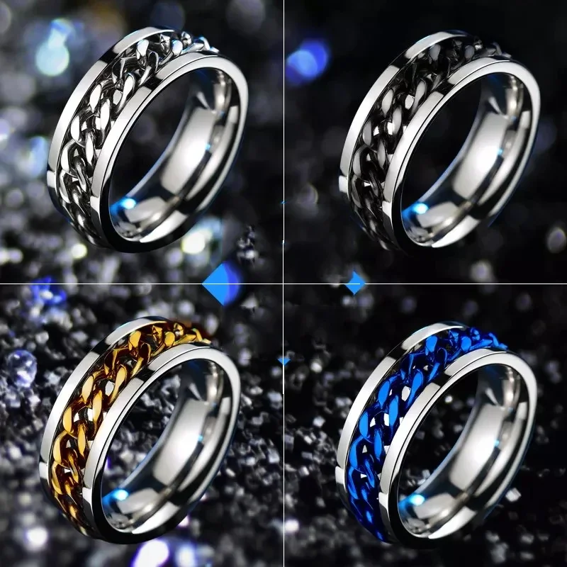 Punk 8mm Spinner Chain Men Rotatable Ring Black Blue Stainless Steel Rotatable Cool Jewelry Party Gift 2022 New Style Rotatable