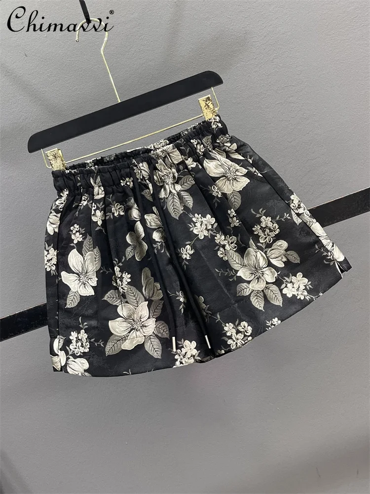 Retro Jacquard Casual Shorts Women 2024 Summer New Fashion Elastic Waist Loose Slimming All-Matching A- Line Wide-Leg Hot Pants