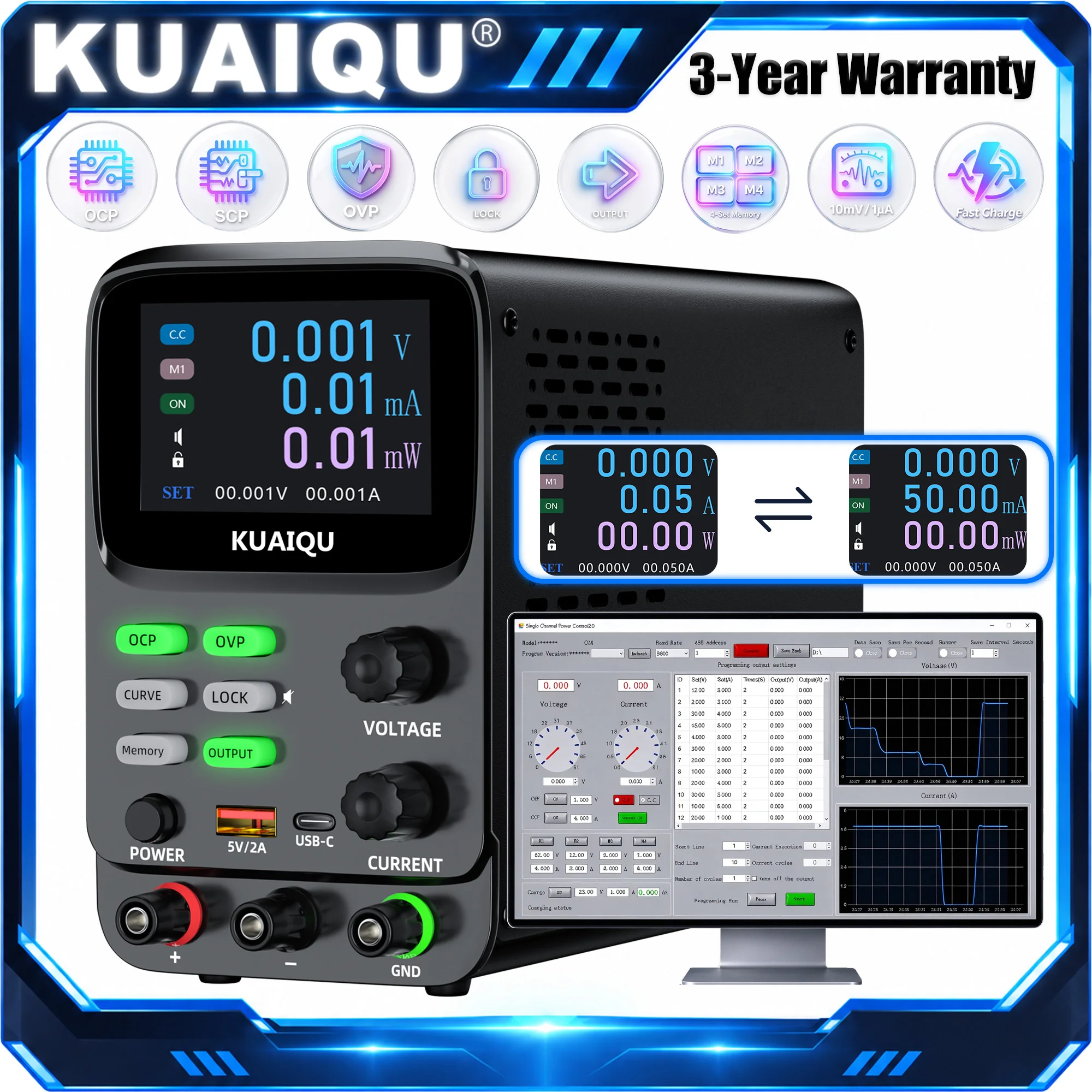 KUAIQU Adjustable laboratory Power Supply, 12V 24V 30V 48V 60V Dc Power Supply, Bench Power Supply with 1mV 10μA Resolution